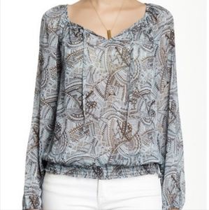 Lucky Brand Chiffon Blouse Elastic Blouson Waist Abstract Print Top Sheer Blue L